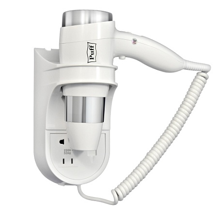 Фен для волос настенный PUFF-1600B с розеткой, белый, 1,6 кВт (0405.009)